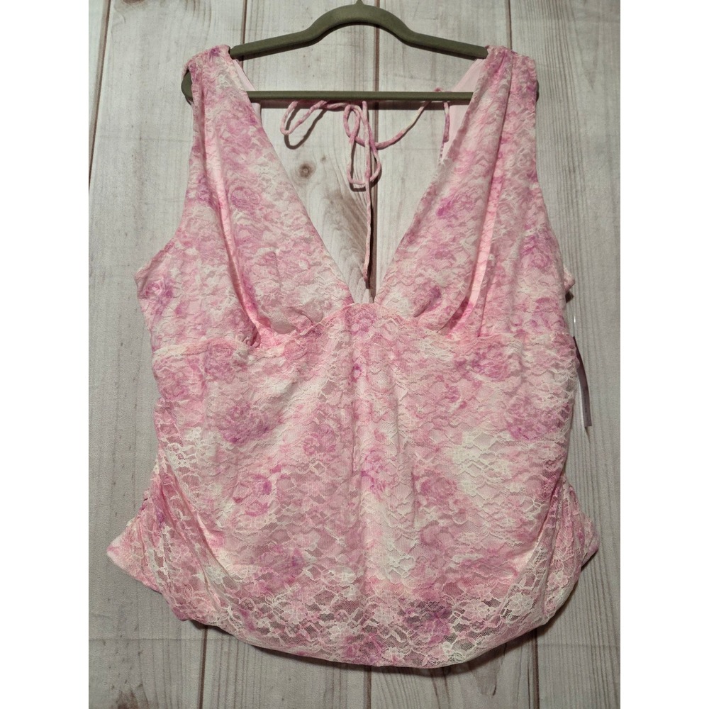 Wild Fable Pink Floral Lace V-Neck Tie Back Ruched Tank Top 2X NEW